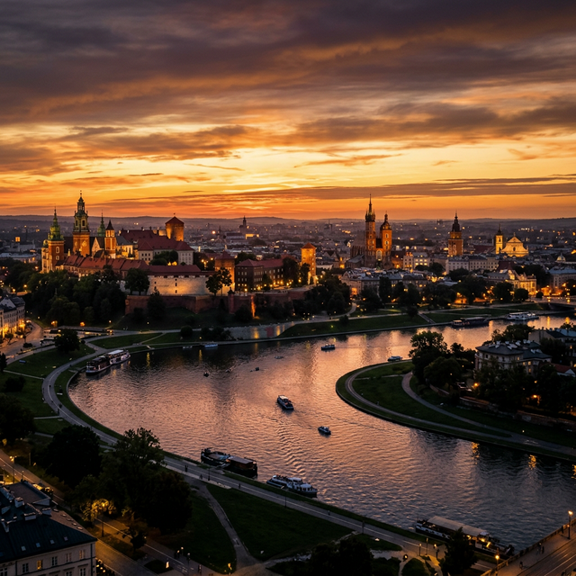 Zamek na Wawelu od strony Wisły o zachodzie słońca